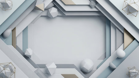 A minimalist abstract composition with layered geometric shapes and planes in muted tones of white, grey, and light blue, forming a central frame with polyhedralの素材