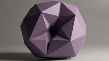 A matte lavender geometric sphere composed of sharp triangular planes and facets, casting a subtle shadow on a plain gray studio background.の素材