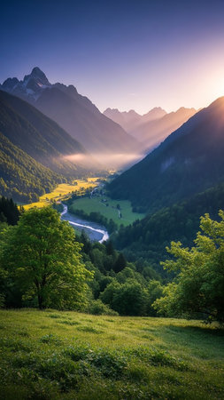 A mountain valley at sunset with a winding river, lush green trees, and golden sun rays illuminating the landscape.の素材