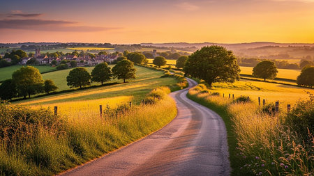 A sun-drenched country lane winds through green fields and golden grass towards a village under a warm, orange sunset sky.の素材