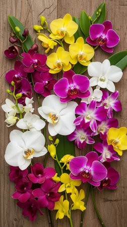 Vibrant showing a vibrant vertical arrangement of blooming phalaenopsis orchids in shades of deep magenta yellow and pure white displayed on a rustic wooden surface...の素材