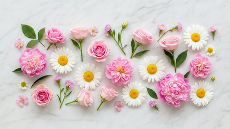 Vibrant showing a vibrant flat lay arrangement of various pink roses and white daisies with yellow centers scattered across a white marble surface, showcasing...の素材
