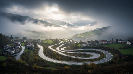 A winding serpentine mountain road snakes through a lush green valley dotted with small villages and church steeples under a dramatic cloudy sky with shafts of...の素材