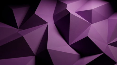 Geometric showing a dramatic close-up of a deep purple geometric abstract sculpture with sharp angular facets and deep shadows creating a striking and multifaceted...の素材
