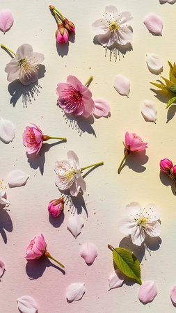 Vibrant showing a vibrant overhead view of scattered pink and white cherry blossoms and green leaves on a light pastel gradient background with soft sunlight...の素材