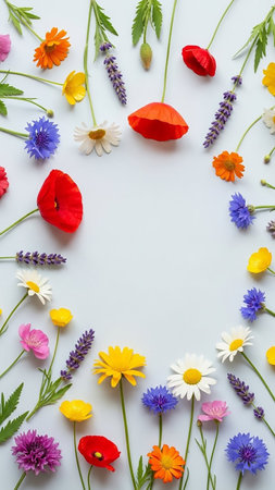 A vibrant collection of assorted wildflowers like poppies, cornflowers, daisies, and lavender, arranged in a circular pattern on a pale blue background.の素材