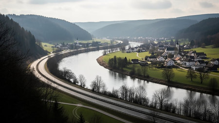 A wide river flows through a valley with a winding road and a small European village nestled among green hills under a cloudy sky.の素材