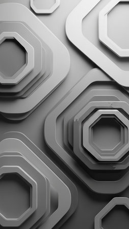 (1963) showing abstract 3d geometric composition of stacked octagonal shapes with soft shadows and subtle gradients in monochrome tones. resolutionの素材