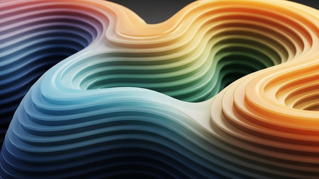 Stylized showing abstract 3d render of flowing layered shapes in a gradient of blue green and orange hues creating a smooth organic and fluid visual form keywords:...の素材