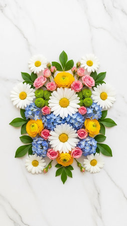Vibrant showing a vibrant and symmetrical floral arrangement of daisies, roses, hydrangeas, and yellow buttercups is artfully composed on a white marble surface...の素材