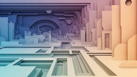 An abstract architectural landscape composed of layered geometric shapes and planes, rendered in a soft gradient of blue, purple, and peach tones.の素材