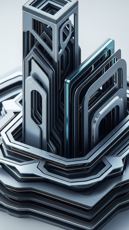 An abstract metallic sculpture featuring stacked geometric layers and frames with polished silver and subtle blue accents, presenting a clean, futuristic industrial...の素材