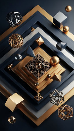 Abstract showing abstract composition of geometric shapes in gold, silver, and dark blue with layered squares and intersecting polyhedrons. resolutionの素材