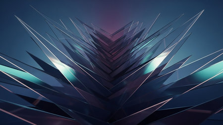 Stock showing abstract geometric sculpture with sharp edges and reflective surfaces in shades of blue and teal with subtle pink and purple hues in the background....の素材
