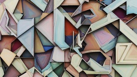 An abstract geometric composition with intersecting planes and fragmented shapes in muted earth tones and soft pastel hues, creating a complex visual texture.の素材