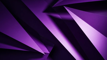 Digital showing abstract composition of sharp geometric triangles in deep purple and violet hues with dramatic light and shadow creating a sense of depth and sharp...の素材