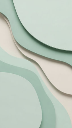 Digital showing abstract background with overlapping wavy layers in soft mint green and pale beige, creating a clean and modern organic with subtle shadows...の素材