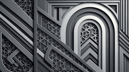 A layered abstract composition of metallic silver geometric shapes and lines in an Deco style with sharp angles and curvedの素材