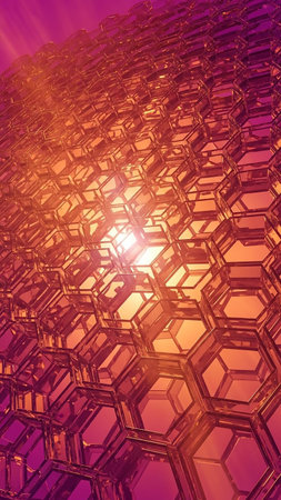 An abstract geometric pattern of interconnected metallic hexagonal cells is illuminated by a bright sunburst, creating a vibrant and futuristic visual effect.の素材