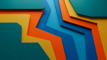 An abstract geometric composition with layered shapes in vibrant teal, blue, orange, and yellow creates a dynamic visual depth and modern aesthetic.の素材