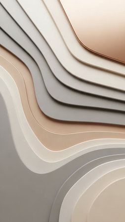 Abstract layered wavy forms in a soft neutral palette of beige, grey, and white. The smooth, undulating surface subtle shadows and highlights, creating a clean,...の素材