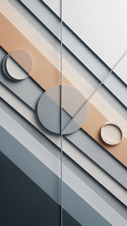 Stock showing abstract geometric composition with overlapping circles and diagonal stripes in muted shades of grey, beige, and white keywords: abstract, geometric,...の素材