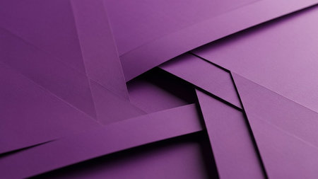 Overlapping matte purple paper strips form an abstract geometric pattern with sharp angles and soft curves, creating a sense of depth and shadow.の素材