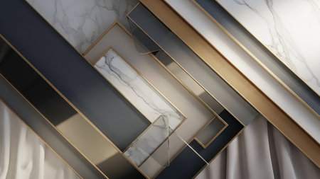 A abstract composition with layered geometric planes of marble, grey, white, and gold, accented by soft draped fabric textures.の素材