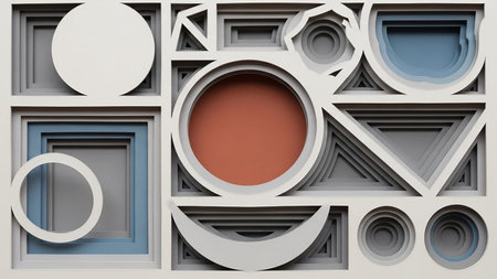 Abstract layered paper geometric shapes like circles, squares, and triangles in muted grey, blue, and terracotta tones.の素材