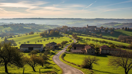 A winding road leads through lush green rolling hills to a charming village nestled in the valley, under a soft blue sky with scattered clouds.の素材