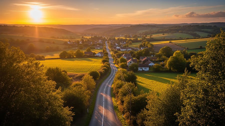 A winding road leads through a village nestled among green hills and golden fields, bathed in the warm glow of a setting sun.の素材