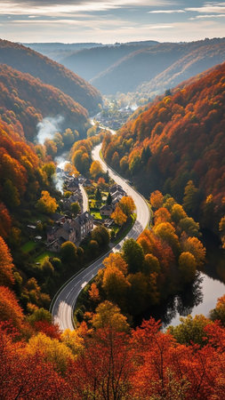 A winding road cuts through a valley filled with vibrant orange and red autumn trees, with a small village nestled alongside a river.の素材