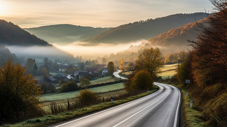 A tranquil misty valley unfolds with a winding road leading through a small village, surrounded by hills displaying autumn colors under the soft light of sunrise.の素材