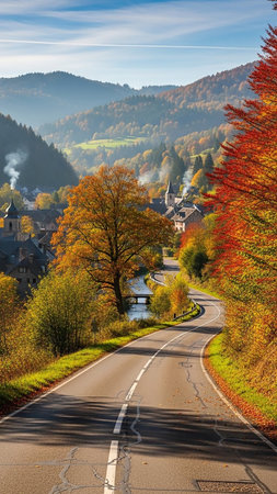 Sky showing winding asphalt road through a picturesque village nestled in a valley during vibrant autumn foliage with colorful trees keywords: autumn, fall, road,...の素材