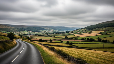 An asphalt road with white lines winds through a patchwork of green and golden fields bordered by stone walls under a cloudy sky.の素材
