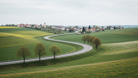 A serpentine asphalt road cuts through vibrant green rolling hills, leading towards a distant village with red-roofed houses.の素材