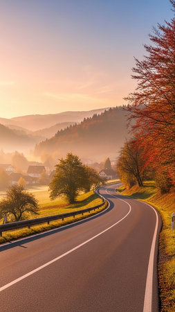 A winding asphalt road leads through a misty valley dotted with autumn trees and rolling hills bathed in sunrise light.の素材