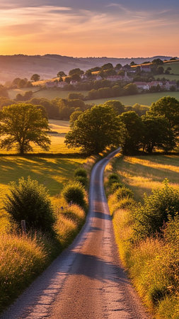 Trees showing winding country road through rolling green hills and trees at golden hour sunset. resolution use.の素材