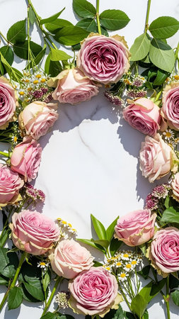 A circular arrangement of soft pink and mauve roses with green leaves and small white daisies on a white marble background, bathed in natural light.の素材