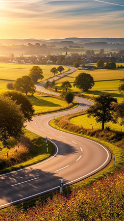 A winding asphalt road with white lines curves through a sunlit golden green countryside with rolling hills trees and a distant village at sunrise.の素材