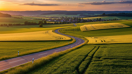 A winding asphalt road cuts through vibrant green and golden agricultural fields under a warm sunset sky, leading towards a distant village nestled among rolling hills.の素材