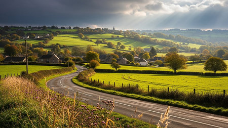 Countryside showing winding country road through sunlit green fields and scattered houses with trees and a church spire under a dramatic sky keywords: road,...の素材