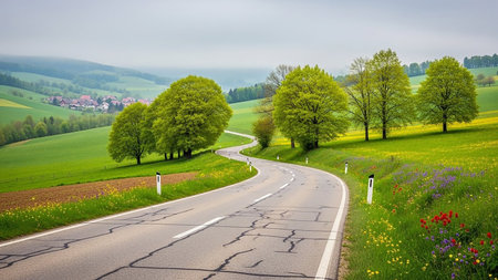 (8827) showing winding asphalt road through lush green rolling hills and meadows with scattered trees and a distant village under a cloudy sky keywords: road,...の素材