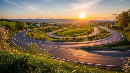 A winding asphalt road curves through vibrant green hills and valleys under a bright golden sunset, with scattered houses and trees dotting the landscape.の素材