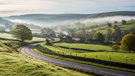 A winding road traverses a misty green valley with rolling hills, stone walls, and sheep grazing in fields, with a village nestled among trees.の素材