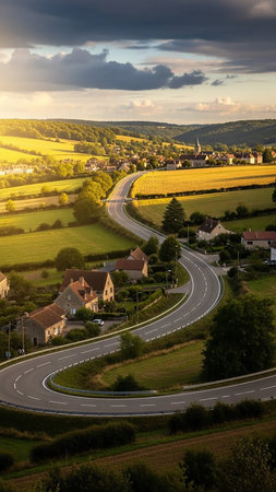 A winding asphalt road cuts through lush green fields and a small European village bathed in the warm glow of a dramatic sunset.の素材