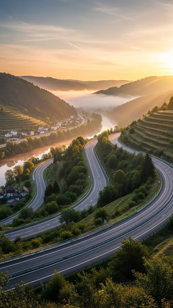 A winding mountain road snakes through a lush green valley at sunrise, with mist rising from a river and golden sunlight illuminating the scene.の素材
