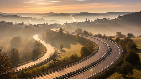 A winding highway curves through a misty valley at sunrise, with a village on a hill bathed in warm golden light.の素材