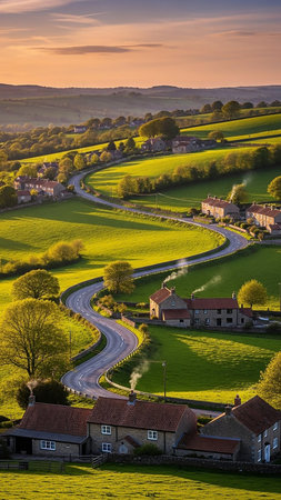 Green showing winding country road through rolling green hills and quaint stone cottages under a warm golden sunset sky in a picturesque rural landscape keywords:...の素材