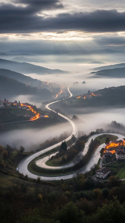A winding mountain road cuts through a foggy valley with illuminated village houses. Dramatic sun rays pierce through dark, cloudy skies.の素材